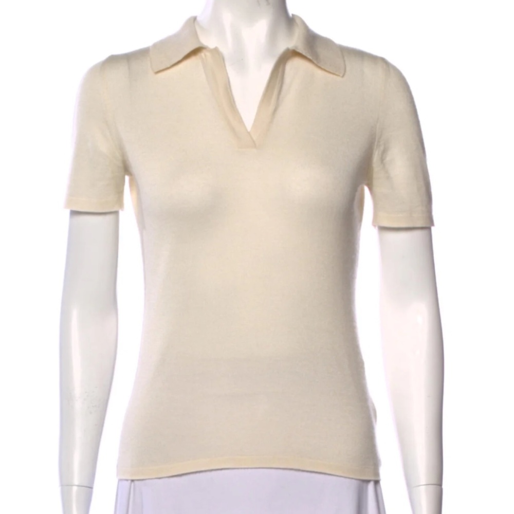 Cashmere & Silk Cream Polo Short Sleeve Knit Sweater